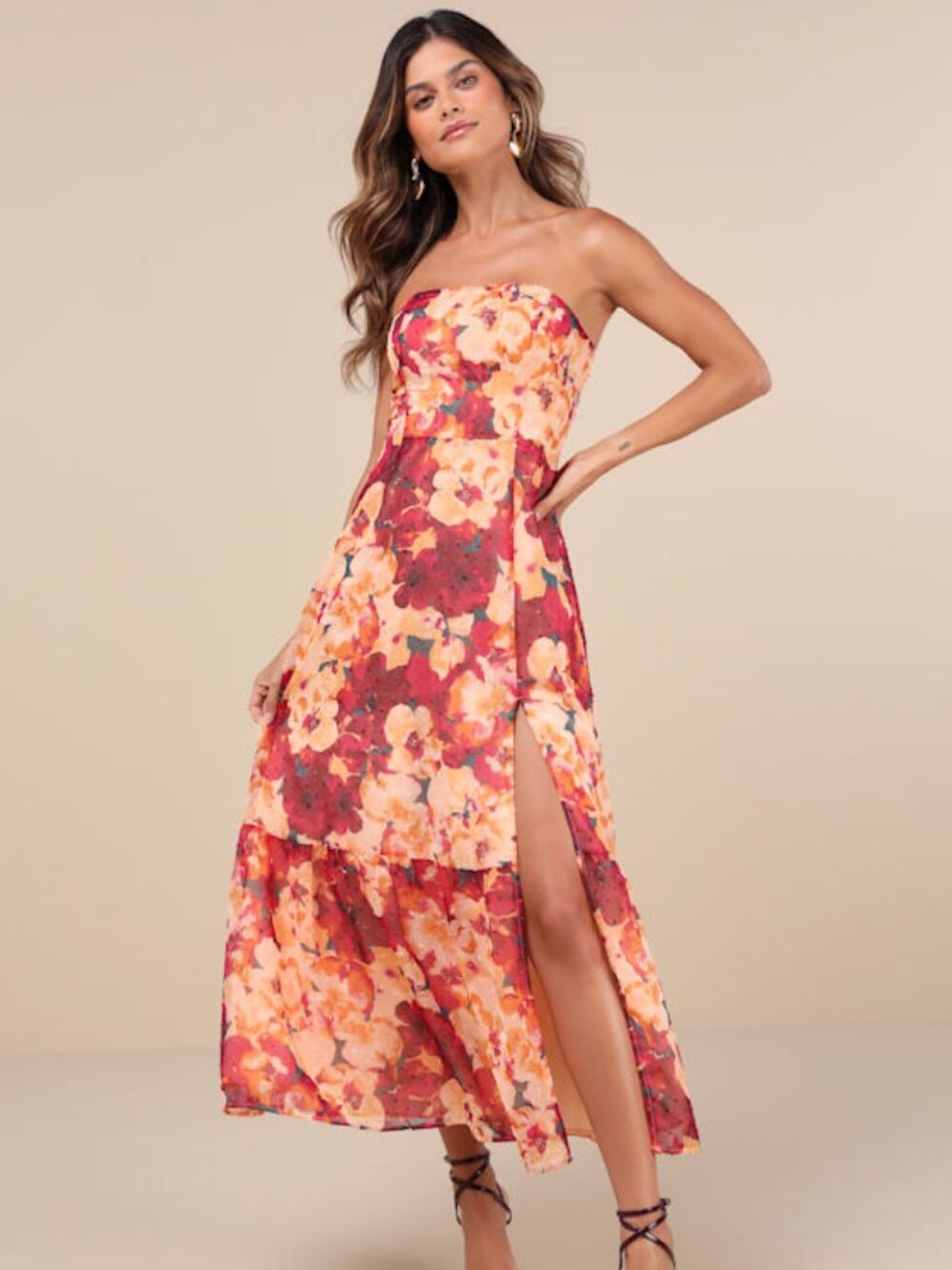 Lulus Bright Perspective Plum And Orange Floral Strapless Midi Dress - Size L
